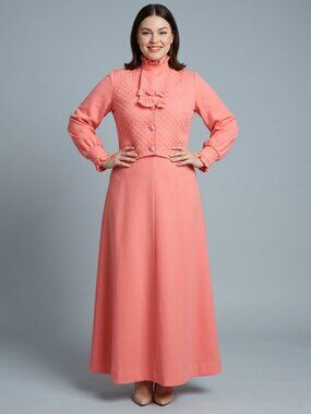 Vintage 60s Justin McCarty Coral Maxi Skirt Vest Blouse Set L 14 Ascot Mod Plaid